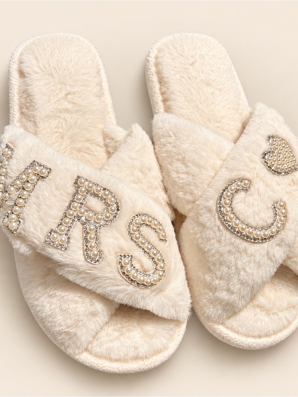 Plush Pearl-Embellished Cream Slide Slippers